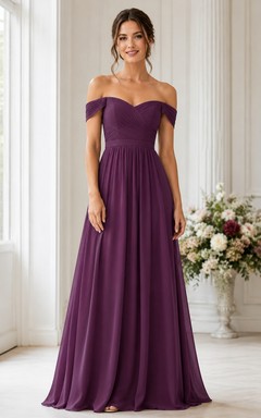 Plum Off-the-Shoulder A-Line Chiffon Bridesmaid Dress