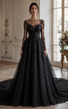 Black Long Sleeve Tulle Lace A-Line Wedding Dress