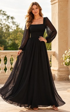 Vestido de noche largo de gasa negra con escote cuadrado y mangas fluidas