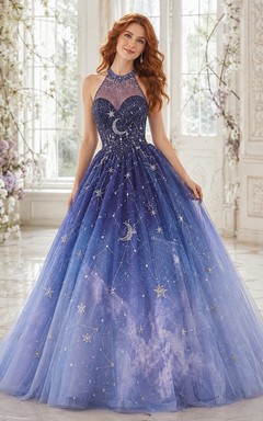 Wisteria High Neck Sleeveless Starry Tulle A-Line Floor-Length Prom Dress