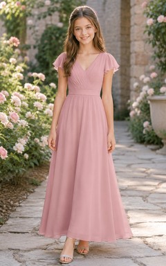 Elegantes Brautjungfernkleid in Altrosa, A-Linie, V-Ausschnitt, kurze Ärmel