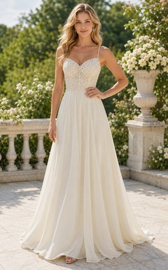 Robe de soirée trapèze en mousseline et corsage en dentelle ivoire