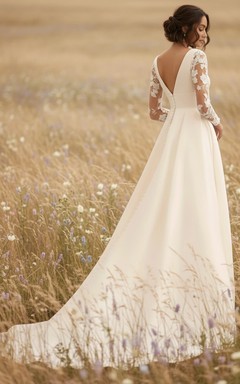V-Neck Illusion Long Sleeve Satin Lace Wedding Dress