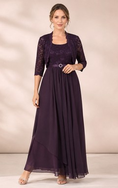 Modest Plum Lace Bolero Scoop Chiffon A-Line Floor-Length Mother Gown