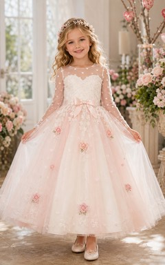 Romantisches, elegantes Blumenmädchenkleid mit hohem Kragen, Illusionsausschnitt, langen Ärmeln und zartrosa Tüllschleife