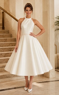 1950s Halter High Neck Satin A-Line Swing Tea Length Wedding Dress