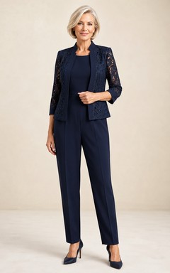 Traje de pantalón azul marino oscuro de encaje con chaqueta de cuello joya y mangas de encaje y pantalones ajustados al tobillo.