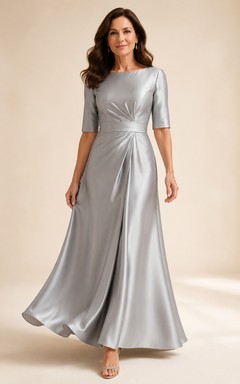 MOB-Kleid aus silbernem Satin, A-Linie, halblang, mit U-Boot-Ausschnitt, bodenlang mit Schlitz