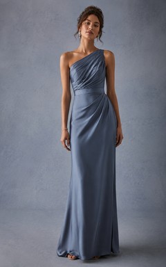 Steel Blue One-Shoulder Charmeuse Sheath Dress