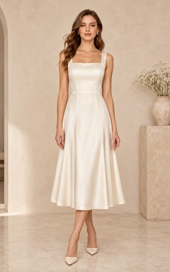 Robe de mariée civile en satin, coupe trapèze, longueur thé, bretelles carrées simples, style court.