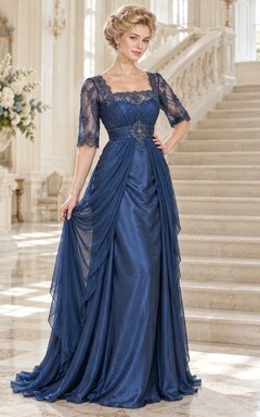 Robe de soirée vintage édouardienne à col carré, dentelle bleue, manches courtes et drapée