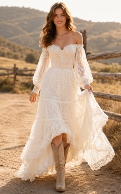 Robe de mariée bohème de maternité à manches longues style poète, col en V et volants