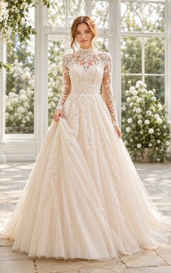 Vestido de novia de gala sin mangas con cuello alto y encaje ilusión color champán