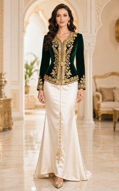Conjunto de dos piezas Emerald Karakou, vestido largo hasta el suelo con escote en V y chaqueta bordada en dorado.