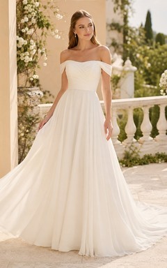 Romantic Bridal Chiffon Off-the-shoulder Short Sleeve A-Line Sweep Train Gown