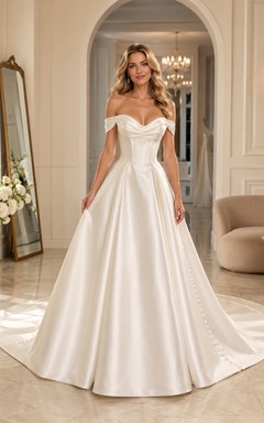 Robe de bal en satin à épaules dénudées, traîne cathédrale, boutonnière