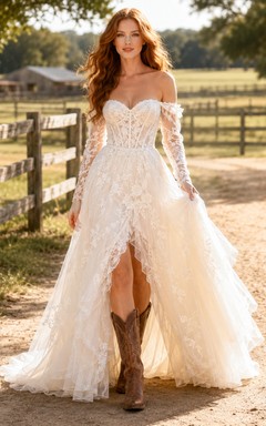 Country Boho Romantic Luxury A-Line Lace Tulle Wedding Dress with Off Shoulder Sweetheart Long Sleeve High-Low Train Split Skirt Appliques Lace-Up Corset Back Open Back