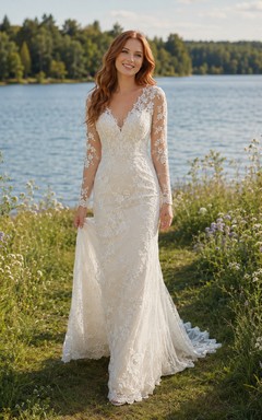 Brautkleid aus Spitze im Meerjungfrauenstil mit herzförmigem Ausschnitt, langen Ärmeln, Schleppe und tiefem V-Ausschnitt am Rücken