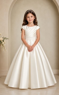 Elegant Princess Satin Ball Gown Flower Girl Floor-Length Cap Sleeve Formal Dress