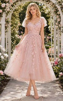 Blossom Pearl-Pink V-Neck Petal-Sleeve Floral-Applique Lace Tulle A-Line Tea-Length Romantic Garden Guest Dress