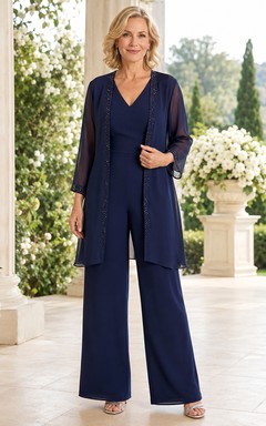 Dark Navy Mother Jumpsuit with V-Neck Sheer Chiffon Jacket and Wide Leg Pants