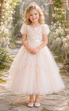 Vestido de niña de las flores, color marfil, encaje, tul, corte en A, manga corta, escote redondo, largo midi.