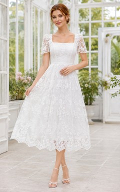 Vintage Square Neck Short Sleeve Lace A-Line Tea-Length Civil Wedding Dress