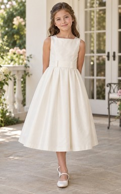 Tea-length Simple Ivory Sleeveless Satin Flower Girl Dress