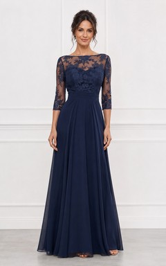 Illusion Lace 3-4 Sleeve Chiffon Formal Gown