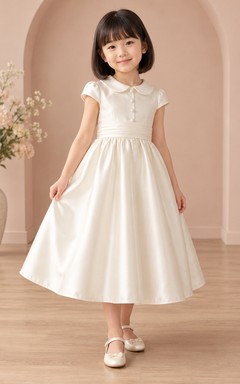Tea-length Vintage Ivory A-line Satin Collared Cap-sleeve Button-front Flower Girl Dress