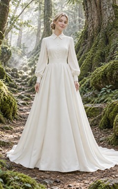 Schlichtes, dezentes Brautkleid in A-Linie mit Kragen, langen Ärmeln und Knöpfen