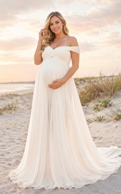 Maternity Empire Beach Off-shoulder Chiffon Sweep Train Photoshoot Gown