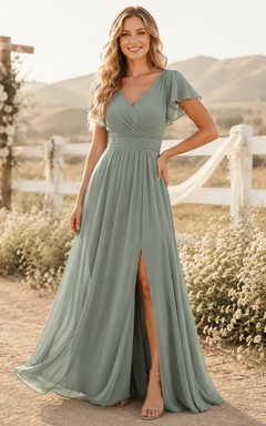 Western Sage Off-Shoulder Chiffon A-Line Floor-Length Slit Guest Dress