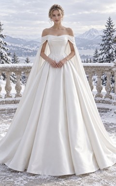 Vestido de novia de invierno sencillo de satén con escote Bardot y corte en A