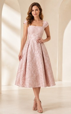 Vestido midi de jacquard con escote cuadrado en tono rosa empolvado para ocasiones especiales.