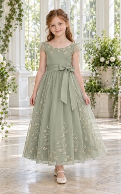 Sage Floral Scalloped Cap Sleeve Ribbon Tulle Flower Girl Dress