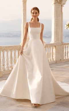 Minimalist Satin Wedding Dress A-Line Square Neck Sleeveless Sweep Train Bridal Gown