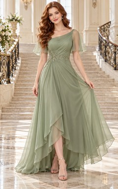 Sage High-low One-Shoulder Flutter Sleeve Chiffon Formal Evening Dress