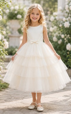 Flower Girl Dress Ivory Tulle A-Line Jewel Neck Tea Length Tiered Skirt