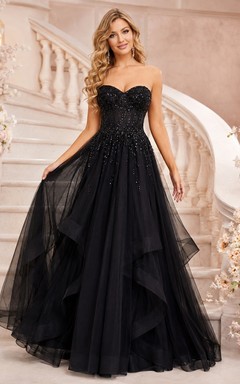 Black Ball Gown Tulle Tiered Prom Elegant Dress