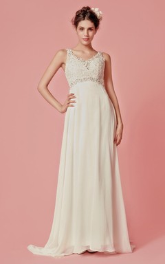 Ärmelloses, langes Chiffonkleid mit V-Ausschnitt und perlenbesetzten Spitzendetails