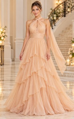 Petal Halter Ruched Waist Cascading Tiered Scarf Back Evening Gown