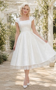 White Square Neck Cap Sleeve Satin Full-Skirt Tea-Length A-Line Dress