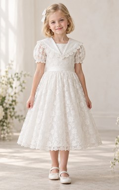 Tea-length White Floral Sailor V-neck Puff Sleeve A-Line Gathered Lace Satin Sash Zipper Flowergirl Dress