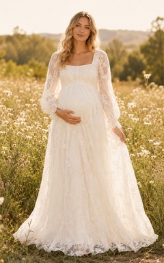 Maternity Wedding Dress Square Neck Long Sleeve Lace A-Line Country Bridal Gown