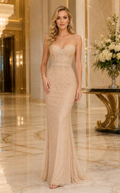Robe de soirée champagne en tulle à sequins, fourreau, décolleté cœur, sans manches, traîne ornée de perles