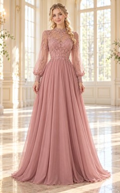Robe de bal vintage rose poudré à manches longues et col montant en dentelle