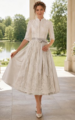 Taupe Modern High Neck Half Sleeve Lace Apron Bridal Wedding Dirndl