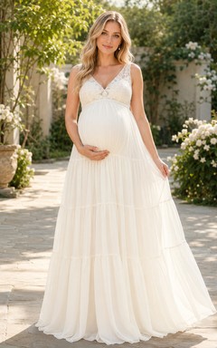 Maternity Wedding Dress V-Neck Sleeveless Lace Bodice Tiered Bridal Gown