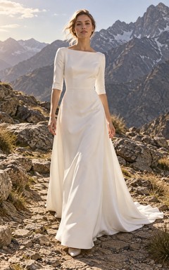 Vestido de novia sencillo de satén con escote barco, mangas cortas, cintura lisa y cola.